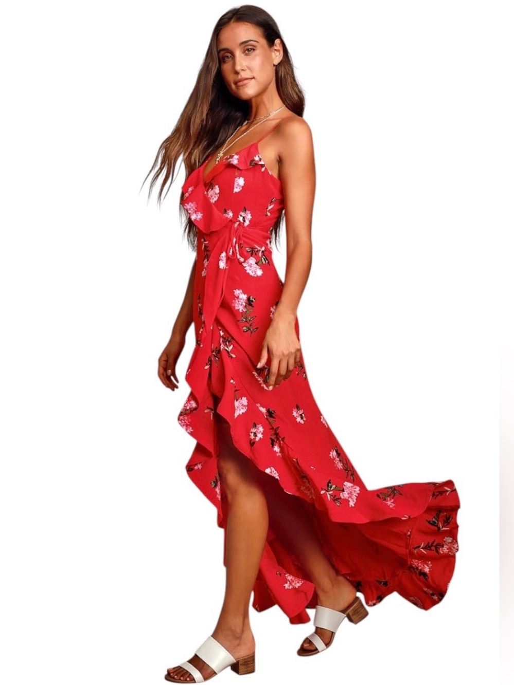 Lulus Women Red Floral Sleeveless Ruffled Wrap Flowy Prom Party Maxi Dress Sz M - Picture 2 of 10